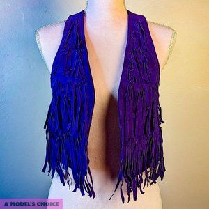 PURPLE HIPPIE STYLE SUEDE LEATHER TASSEL FRINGE VEST - WOMENS SMALL